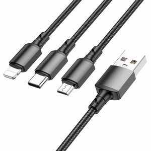 Juodas „Borofone BX72“ 3 viename USB–USB-C / Micro-USB / Lightning laidas, 2 A, 1 m