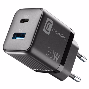 Cellularline Multipower Micro GaN USB-C ir USB-A Power Delivery tinklo įkroviklis, 30 W, juodas