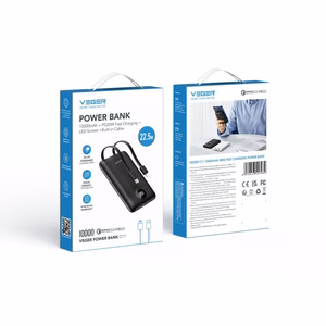 VEGER išorinė baterija 10000 mAh su įmontuotais kabeliais Type C / Lightning PD QC3.0 2A 22,5W C11 (W1170) juoda