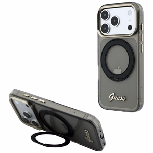 Guess IML Ring Stand 360 Script Metal Logo MagSafe dėklas, skirtas iPhone 17 Pro / 18 Pro – juodas