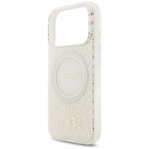 Guess IML Flowers Allover Electroplated MagSafe dėklas su perlų dirželiu, skirtas iPhone 18 Pro / 17 Pro – spalva: balta