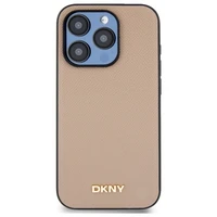 DKNY Grained Metal Logo Magnetinis iPhone 15 Pro dėklas - smėlio spalvos