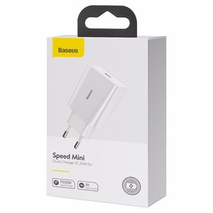 Baseus Speed Mini greitas įkroviklis, USB-C, PD, 3A, 20W (baltas)