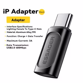 Adapteris Essager "Phantom" juodas (In: Female Lightning / Out: Male Type-C)