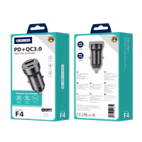 JELLICO automobilinis įkroviklis F4 PD 20W 1xUSB-C + 1xUSB QC3.0 + laidas USB-C Juodas
