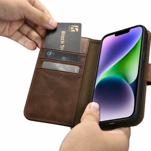 iCarer Aliejaus Vaško Piniginės Dėklas 2in1 Dangtelis iPhone 14 Plus Anti-RFID Odinis Atverčiamas Dėklas Rudas (WMI14220723-BN)