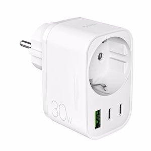 Puro 30W Power Delivery įkroviklis su Schuko kištuku ir lizdu 2x USB-C + 1x USB-A - baltas