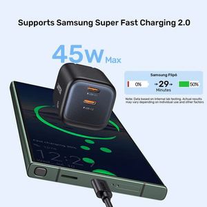 Unitek GaN tinklo įkroviklis 45W 2x USB-C PD 3.0 QC