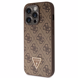 Guess GUHCP14LP4TDSCPW dėklas iPhone 14 Pro - rudas kryžminis 4G metalinis logotipas