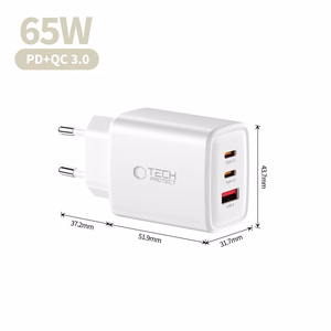 "Tech-Protect" NCA65W-GAN 3 prievadų 65 W sieninis įkroviklis - baltas