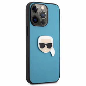 Karl Lagerfeld KLHCP13XPKMB iPhone 13 Pro Max 6,7" mėlynas kietas dėklas Leather Ikonik Karl`s Head Metal