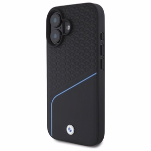 BMW ženklas odinis tekstūruotas ir linijinis magnetinis iPhone 16 dėklas - juodas