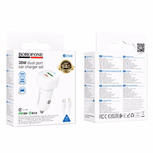 "Borofone" automobilinis įkroviklis BZ34B Cloud - USB + C tipo - QC 3.0 PD 38W su C tipo "Lightning" kabeliu, baltos spalvos