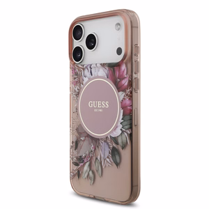 Dėklas Guess IML Flowers Strap MagSafe Apple iPhone 17 Pro Max rožinis