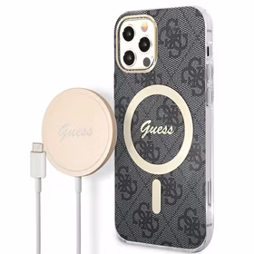 Rinkinys Guess GUBPP12MH4EACSK Dėklas+Įkroviklis iPhone 12/12 Pro juodas/juodas kietas dėklas 4G Spauda Magnetinis