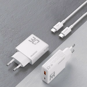 GaN Dudao A30EUT 30W USB-A / USB-C sieninis įkroviklis + USB-C - USB-C kabelis - baltas