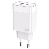 JELLICO sieninis įkroviklis C107 GaN PD 45W 1xUSB-C + 1xUSB QC3.0 + laidas USB-C - USB-C baltas