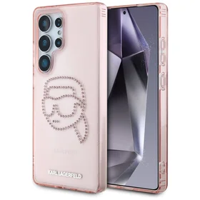 Karl Lagerfeld dėklas telefonui su kalnų krištolais K. Head logotipu Samsung Galaxy S25 Ultra rožinis