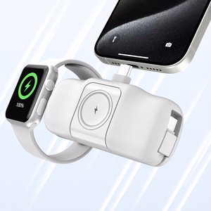 Wozinsky WF16-YCS 5000mAh 15W USB-C mini išorinė baterija su įmontuotu USB-C kabeliu ir Apple Watch įkrovikliu - balta