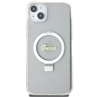 Guess GUHMP15MHRSGSD iPhone 15 Plus / 14 Plus 6.7" permatomas/permatomas kietas dėklas Žiedinis Stovas Script Glitter Magnetinis