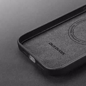 Dux Ducis Grit odinis dėklas iPhone 14 Plus Elegantiškas dirbtinės odos dėklas (MagSafe suderinamas) Juodas