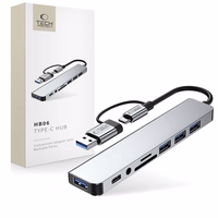 "Tech-Protect" HB06 HUB adapteris 8in1 TYPE-C + USB2.0 + USB3.0 + SD/TF + AV3.5 - pilkos spalvos