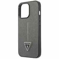 Guess GUHCP14XPSATLG iPhone 14 Pro Max 6.7" sidabrinis kietasis dėklas Saffiano Triangle Logo