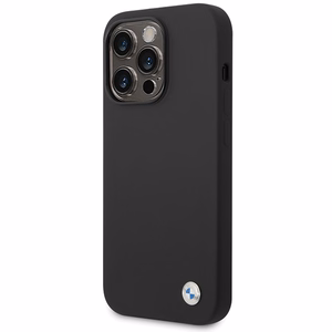 BMW silikoninis metalinis logotipas iPhone 15 Pro Max dėklas - juodas