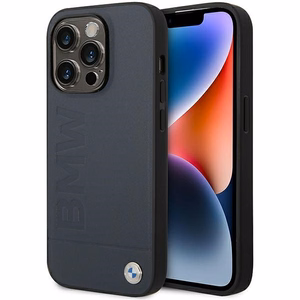 Dėklas telefonui BMW BMHMP14XSLLNA iPhone 14 Pro Max 6.7 - mėlynas odinis karšto štampavimo MagSafe
