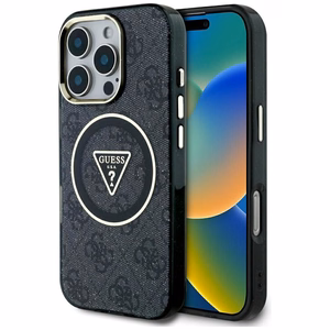 Guess IML Metal Glitter 4G Circle Triangle Magnetinis dėklas telefonui iPhone 16 Pro - juodas