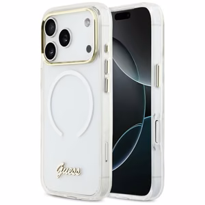 Guess IML Gradient Script Metal MagSafe Dėklas for iPhone 17 Pro - baltas
