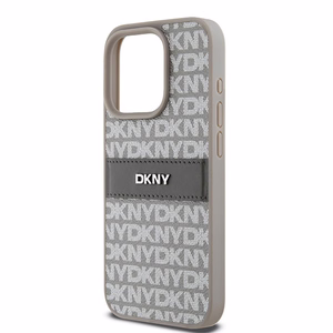 DKNY Odinis mono juosta ir metalinis logotipas dėklas telefonui iPhone 15 Pro - smėlio