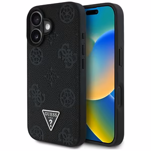 Guess Grained Hot Stamp Peony trikampio logotipo magnetinis dėklas telefonui iPhone 16 - juodas