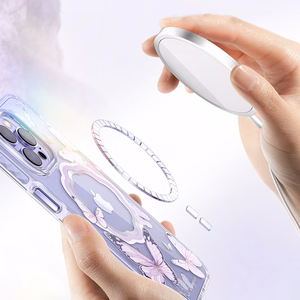 Kingxbar Butterfly Series magnetinis dėklas telefonui iPhone 14 Plus MagSafe su drugelių motyvu rožinės spalvos