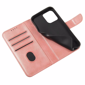 Magnetinis dėklas telefonui iPhone 14 Pro Max su atverčiamu dangteliu, pinigine ir stovu rožinis