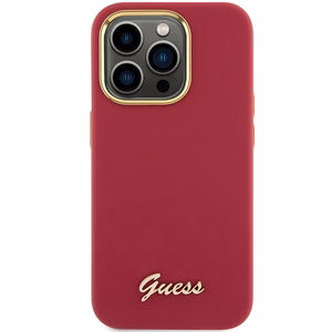 Guess Silicone Script Metal Logo & Frame dėklas telefonui iPhone 15 Pro - raudonas