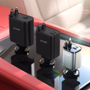 Joyroom JR-CCL05 30W 4 viename automobilinis įkroviklis su 2 įmontuotais ištraukiamais kabeliais - tamsiai pilkas