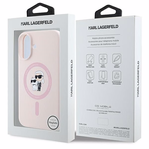 Karl Lagerfeld silikoninis Magnetinis dėklas telefonui iPhone 16 Plus su Karl & Choupette galvų žiedu - rožinė