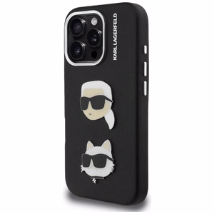 Karl Lagerfeld FW Grained Karl & Choupette Heads Pins dėklas, skirtas „iPhone 16 Pro Max“ – juodas
