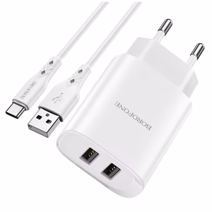 Borofone Sieninis įkroviklis BN2 Super - 2xUSB - 2,1A su USB į Type C baltas