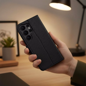 Atverčiamas 4Card RFID dėklas Xiaomi 17 ULTRA su apsauga nuo vagysčių, iš technologinio audinio, juodas