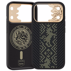 Juodas „Benks Magnetic Armor Pro Knight“ kevlaro dėklas su metaliniu rėmeliu (C.K.FL.AP.GD.B073), skirtas iPhone 18 Pro Max / iPhone 17 Pro Max su „Camera Control“ mygtuku
