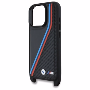 BMW M leidimas anglies trispalvės linijos ir dirželis dėklas iPhone 16 Pro - juodas