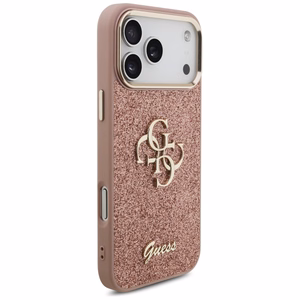 Guess Fiksuotas Blizgus Didelis 4G Metalinis rėmas dėklas telefonui iPhone 17 Pro Max - rožinis