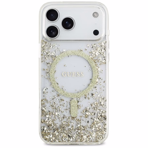 GUESS dėklas telefonui IPHONE 17 Pro Max, suderinamas su MagSafe GUHMP17XRGRGED (dervos apačia su blizgučiais) auksinis