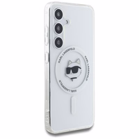 Karl Lagerfeld Choupette galvos spaudo logotipo Magnetinis dėklas telefonui Samsung Galaxy S25 Plus baltas