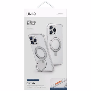 Uniq Swivix 360 sukamas stovas dėklas telefonui iPhone 16 Pro Max - skaidrus