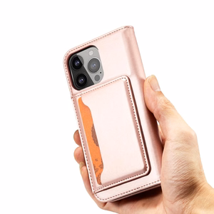 Magnetinė kortelės dėklas telefonui iPhone 14 Pro Max atverčiamas dėklas piniginė su stovu rožinė