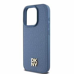 DKNY Odinis monogramos rašto metalinis logotipas Magnetinis dėklas iPhone 15 Pro - mėlyna