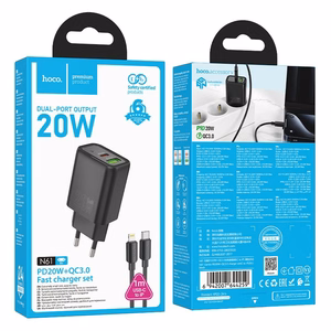 Įkroviklis telefonui Hoco USB A + USB C QC3.0 PD 3A 20W + kabelis USB C į Lightning N61 juodas